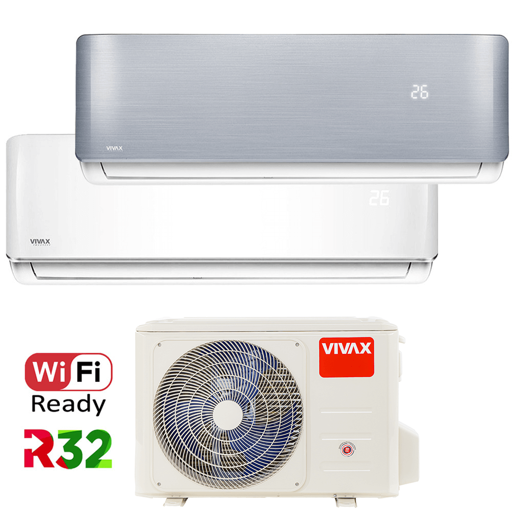 Aer conditionat multisplit Vivax 18000 BTU, 2 unitati R-design, 9+12 BTU, White/Silver