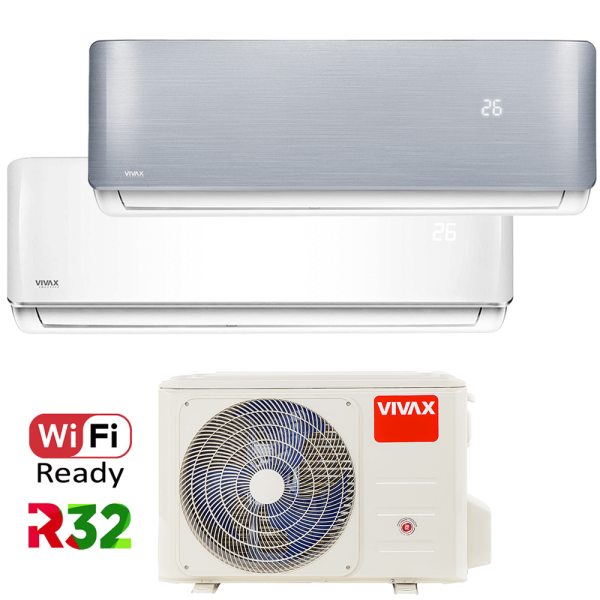 Aer conditionat multisplit Vivax 14000 BTU, 2 unitati R-design, 9+12 BTU, White/Silver